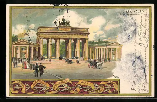 Lithographie Berlin, Passanten vor dem Brandenburger Tor