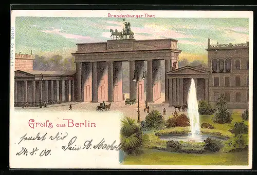 Lithographie Berlin, Brandenburger Thor in der Morgensonne