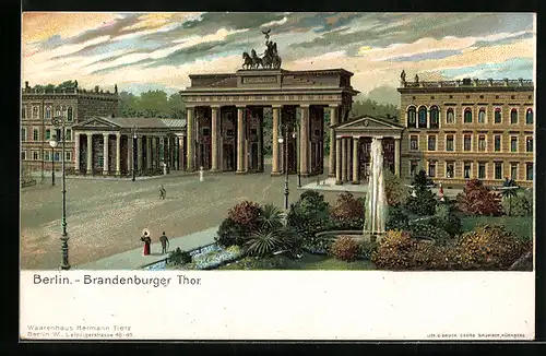 Lithographie Berlin, Brandenburger Tor aus den Anlagen gesehen