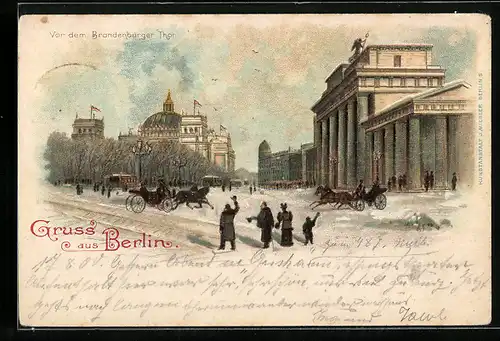Lithographie Berlin-Tiergarten, vor dem Brandenburger Tor im Winter