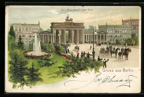 Lithographie Berlin, Brandenburger Tor mit Leuten und Fontaine