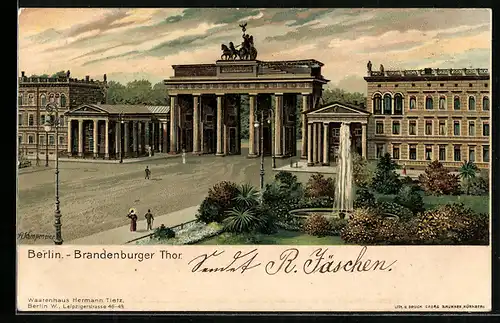 Lithographie Berlin, Brandenburger Tor aus den Anlagen gesehen