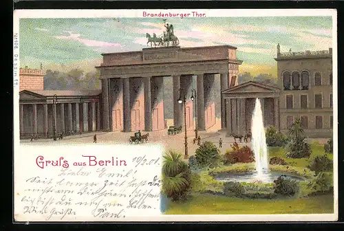 Lithographie Berlin, Brandenburger Thor in der Morgensonne