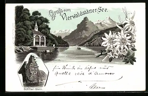 Lithographie Vierwaldstätter-See, Schiller-Stein, Tellskapelle