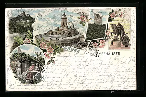 Lithographie Kyffhäuser, Rothenburg, Friedrich Barbarossa und Kaiser-Wilhelm-Denkmal