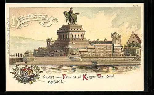 Lithographie Koblenz, Provinzial-Denkmal von Kaiser Wilhelm I. im Dämmerungslicht