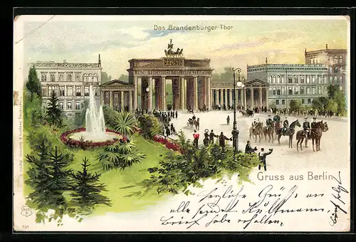 Lithographie Berlin, Brandenburger Tor mit Leuten und Fontaine