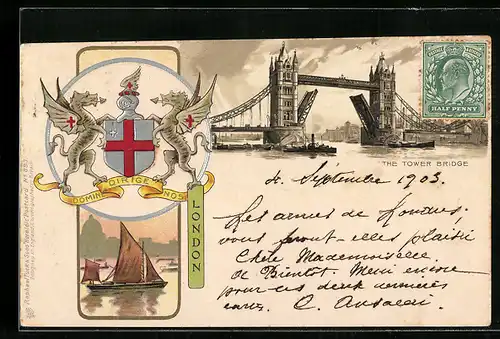 Lithographie London, The Tower Bridge, Wappen