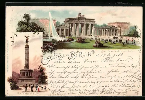 Lithographie Berlin, Pariser Platz, Brandenburger Tor mit Anlagen, Siegessäule