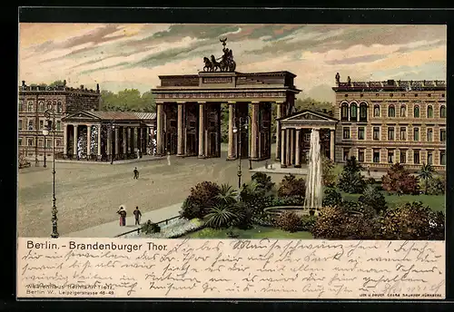 Lithographie Berlin, Brandenburger Tor aus den Anlagen gesehen