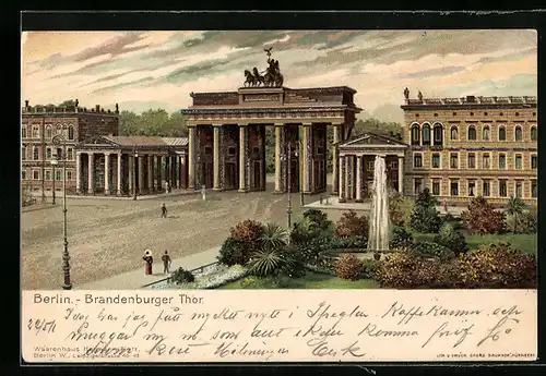 Lithographie Berlin, Brandenburger Tor aus den Anlagen gesehen