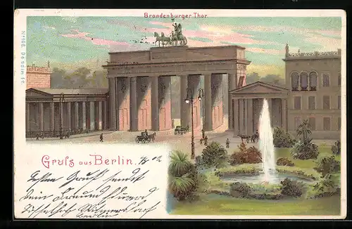 Lithographie Berlin, Springbrunnen vor dem Brandenburger Thor