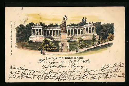 Lithographie München, Bavaria mit Ruhmeshalle