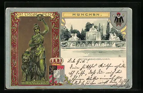 Lithographie München, Am Wittelsbachbrunnen, Statue der Bavaria