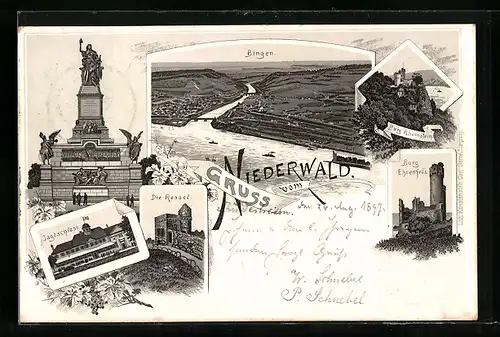 Lithographie Niederwald, Jagdschloss, Bingen, Die Rossel, Burg Rheinstein, Burg Ehrenfels, Nationaldenkmal