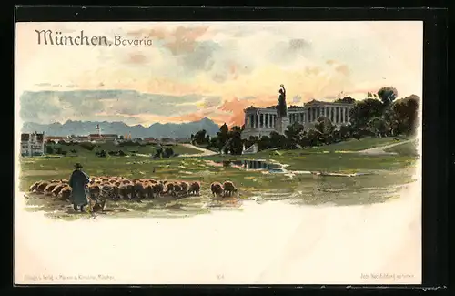 Lithographie München, Blick zur Bavaria