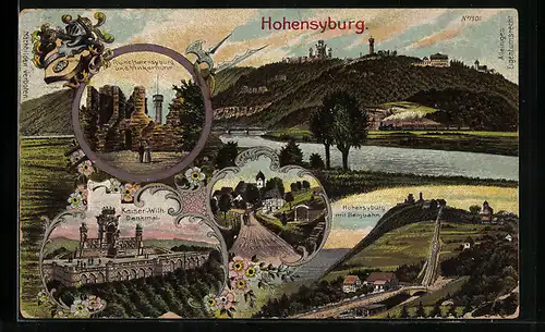 Lithographie Hohensyburg, Ruine Hohensyburg und Vinkerhurm, Kaiser Wilh. Denkmal