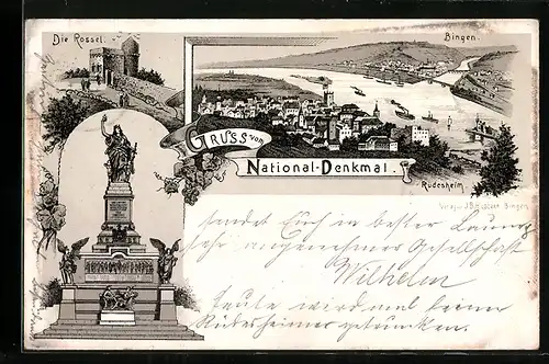 Lithographie Bingen, Nationaldenkmal, die Rossel, Ortsansicht