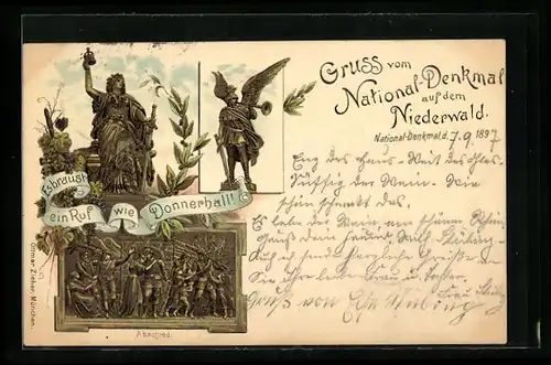 Lithographie Rüdesheim, Nationaldenkmal auf dem Niederwald, Abschied