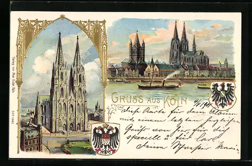 Lithographie Köln, Der Kölner Dom mit Rheinpartie