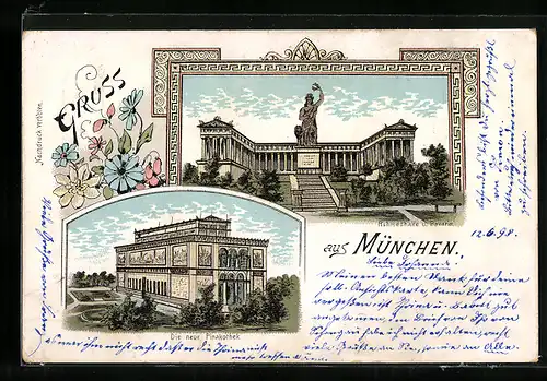 AK München, Die neue Pinakothek, Ruhmeshalle u. Bavaria