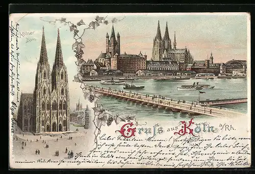 Lithographie Köln, Kölner Dom, Blick über den Rhein