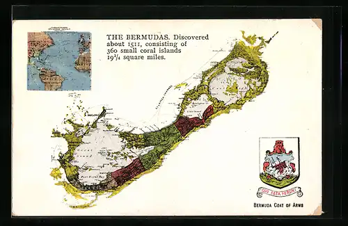 Künstler-AK Hamilton /Bermuda, Landkarte mit Port Royal Bay, Harrington und Great Sound