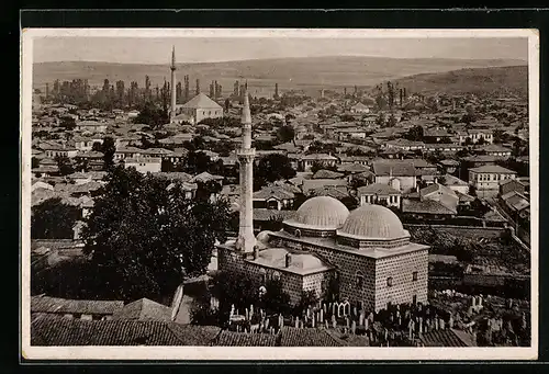 AK Skoplje, Ortsansicht mit Friedhof und Moschee