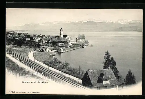 AK Meilen, Ortsansicht mit Eisenbahnstrecke und Alpen