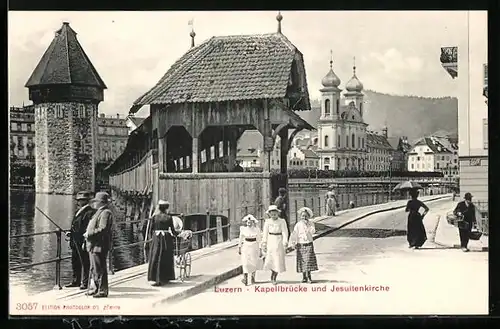 AK Luzern, Kapellbrücke und Jesuitenkirche