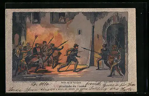 Lithographie Geneve, Porte de la Tertasse, L`Eiscalade, On s` arme on court au combat