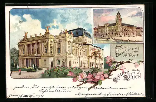 Lithographie Zürich, Theater mit Post, Kirschblütenzweig
