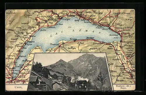 AK Caux, Rochers-de-Naye, Zug vor den Bergen, Landkarte