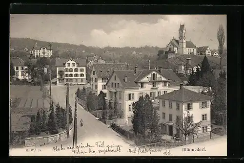 AK Männedorf, Ortsansicht mit Strassenpartie und Kirche
