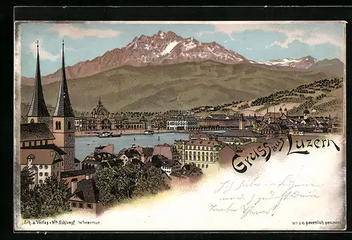 Lithographie Luzern, Teilansicht mit Kirche