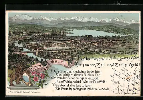 Lithographie Zürich, Ortspanorama, Löwe mit Spiegel