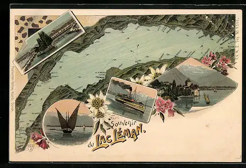 Lithographie Geneve /Lac Léman, See-Panorama und Dampfer