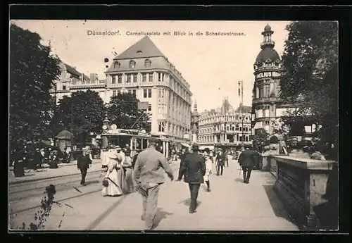 AK Düsseldorf, Strassenbahn am Corneliusplatz mit Blick in die Schadowstrasse