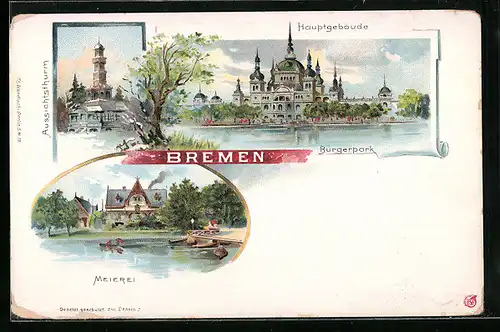 Lithographie Bremen, Aussichtsthurm, Hauptgebäude, Bürgerpark, Meierei