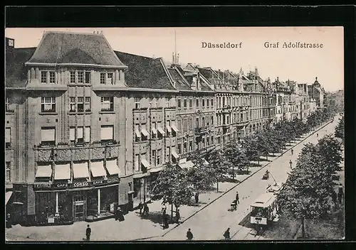 AK Düsseldorf, Cafe Corso in der Graf Adolfstrasse, Strassenbahn und Passanten