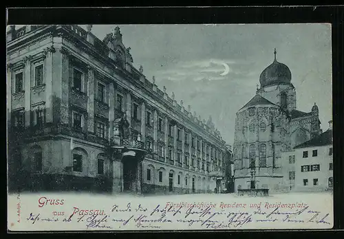 Mondschein-AK Passau, Fürstbischöfliche Residenz und Residenzplatz