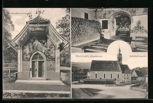 AK Steinen, Stauffacherkapelle mit Pfarrkirche und Schädelkapelle