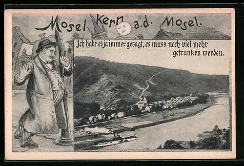 AK Moselkern, Panorama mit Dampfer im Passepartout mit betrunkenem Herren an einer Laterne