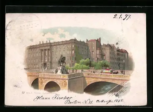 Lithographie Berlin, Schloss - Kurfürstenbrücke