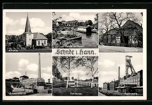 AK Sehnde i. Hann., Partie am Kanal, Kirche, Schleuse, Zuckerfabrik, Salzbergwerk