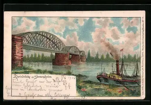Lithographie Germersheim, Rheinbrücke mit Dampfer