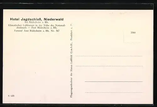 AK Rüdesheim, Hotel Jagdschloss Niederwald, Fliegeraufnahme