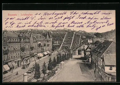 AK Dresden-Blasewitz, Schillerplatz mit Blick zur Brücke