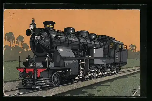 Künstler-AK Heissdampf-Tenderlokomotive der Holländischen Staatsbahnen auf Java, HANOMAG