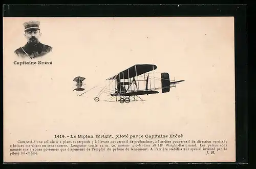 AK Le Biplan Wright, pilote par le Capitaine Etévé, Flugzeug